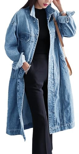 Jofemuho Womens Classic Long Jean Jacket Plus Size Loose Long Sleeve Button Down Denim Jacket Trench Coat, Light Blue1, 3XL