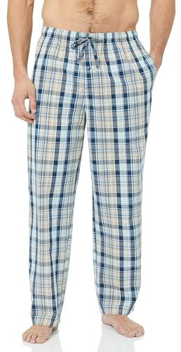 Amazon Essentials Herren Gewebte Straight-Fit Pyjamahose Mit Taschen, Blau Hellorange Madras Plaid, XL