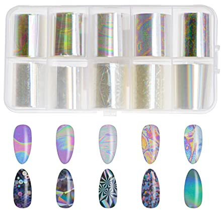 ECSiNG 10 Rolls White Pearl Color Holographic Nail Foil Transfer Sticker Roll Set Nail Art Transfer Glitter Stickers for Nail Art Decoration DIY Salon -Style-A