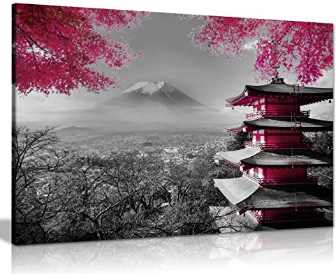 Japanese Temple In Autumn Black White Pink Canvas Wall Art Picture Print Home Decor 91x61cm (36x24in)
