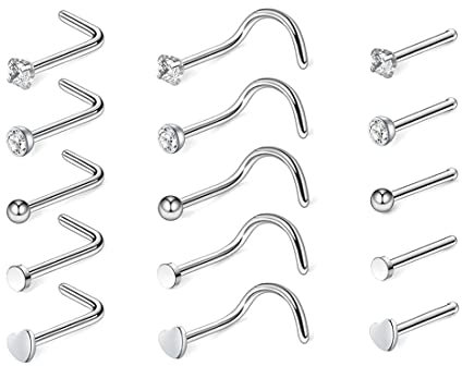 15 Pieces Nose Rings Nose Screws Studs Spiral Stainless Steel Nose Studs, L Shape Stainless Steel, Curved Stainless Steel, Straight Stainless Steel