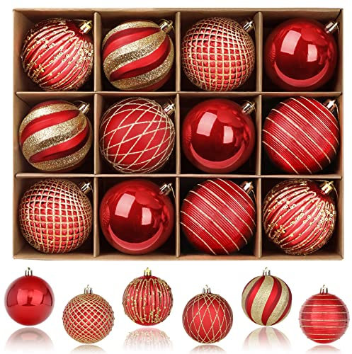SHareconn Weihnachtskugeln Ornamente, 80 mm, 12 Stück, farbige, bruchsichere Kunststoffkugeln, dekoratives Baumschmuck-Set für Weihnachtsbaum, Urlaub, Party, Hochzeit mit Haken, Rot & Gold