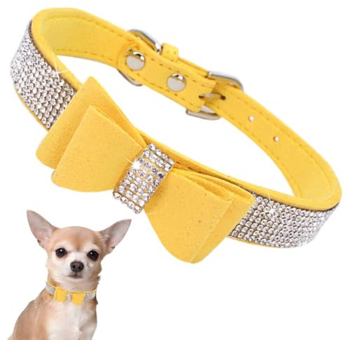 Hundehalsband Kleine Hunde Mit Fliege, Schleife Halsband Welpe Mit Strass Perlen Glitzer Kristall Steine MäDchen Halsband Katze HüNdin Strasssteinen,Gelb S