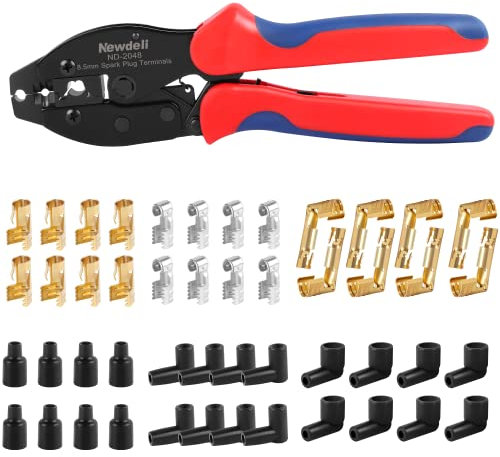 Newdeli Ratchet Spark Plug Wire Crimper Set, 25Pcs Spark Plug Crimping Tool and 180 Degree/90 Degree/Straight Spark Plug Coil Terminals Boots Set for Crimping and Stripping Spark Plug Ignition Wire