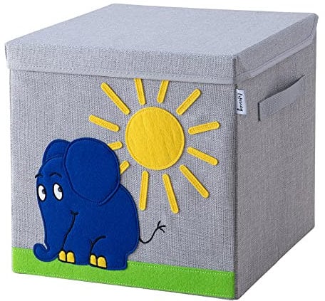 LIFENEY meets Die Maus Aufbewahrungsbox mit Deckel für Kinder – Box mit dem kultigen Elefanten zum Verstauen von Spielzeug – 33 x 33 x 33 cm passend für klassische Würfelregale