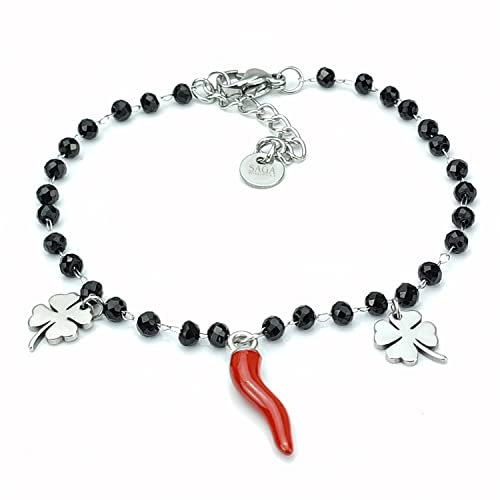 SAGA GIOIELLI Damen-Armband Rotes Horn Glücksbringer Kleeblatt Kristalle Stahl