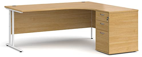 Mr Office Maestro 25 right hand ergonomic desk with white cantilever frame and desk high pedestal bundle, Oak, 1800