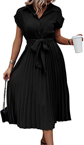 ASOMI Sommerkleid Damen Hemdkleid Kurzarm: Elegant Kurzarm Strandkleid Büro Wickelkleid Mode Tasche Hemdblusenkleid Lässig Blusenkleid Midikleid Knopf Plisseekleid V-Ausschnitt Gürtel B-Schwarz M