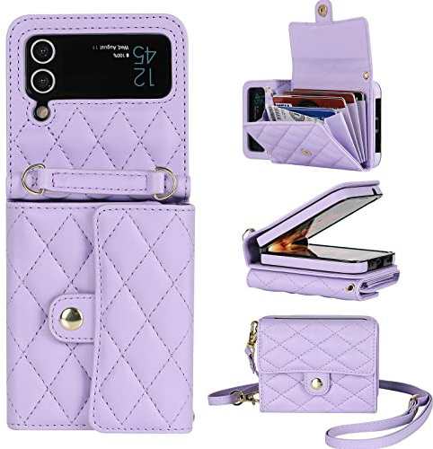XIZYO for Samsung Galaxy Z Flip 4 Leather Crossbody Wallet Phone Case with Adjustable Removable Lanyard Strap, for Women Girls Cute Luxury Protective Cover with Card Slots, Purple