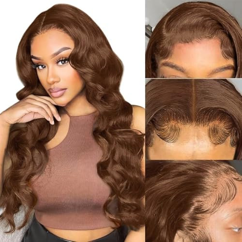 RXY Echthaar Perücke 13x4 Body Wave Braun 180% Dichte HD Lace Front Wig 100% Human Hair Wig #4 Perücke Damen mit Babyhaar Brown Human Hair for Women 16 Zoll(41cm)