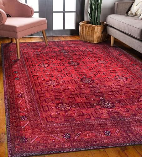 DAPHNE HOME DECOR Washable Rug 120x180 cm | Large Non-Slip | Low Pile | Vintage Oriental Boho Carpet | Machine Washable Rugs for Kitchen, Bedroom, Dining Room and Living Room - (Red - Terrarossa)