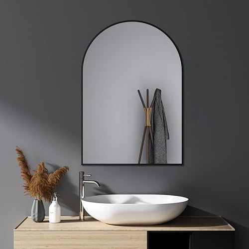HY-RWML Spiegel Schwarz 50x70 cm Wandspiegel Rundbogen Wandmontage Edelstahl Kosmetikspiegel für Badezimmer Wohnzimmer Glatte Spiegeloberfläche horizontaler vertikaler Einbau