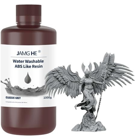 Water Washable ABS Like Resin, JAMG HE Water Washable Art Engineering Photopolymer Resin Toughness Non-Brittle & High Precision Low Odor for LCD DLP SLA 405nm Resin (1000g, Gray)