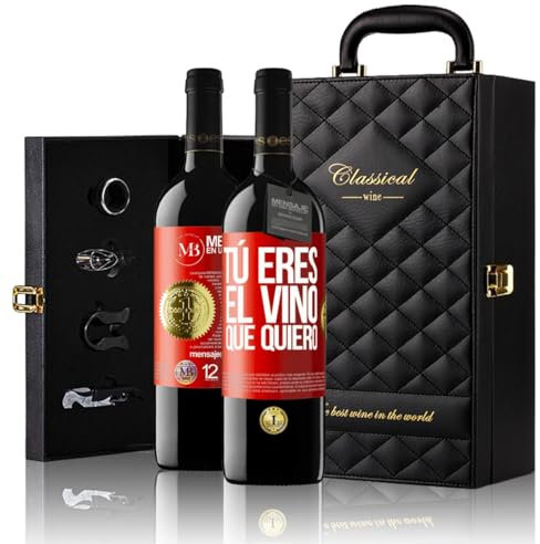 «Tú eres el vino que quiero» Mensaje en una Botella. Estuche-Maletín de LUJO 2x Vino Tinto Premium Reserva 12 Meses y Set de 4 Accesorios. Etiqueta Roja PERSONALIZABLE