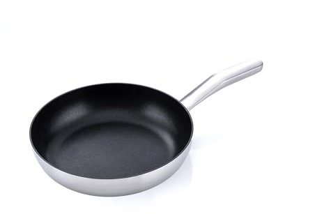 MasterPRO Alessi Bones - Padella in acciaio inox da 24 cm - Interno rivestito in quantanio Whitford - Esterno con finitura opaca - Manico lungo cavo in ghisa saldata - Pentole per induzione