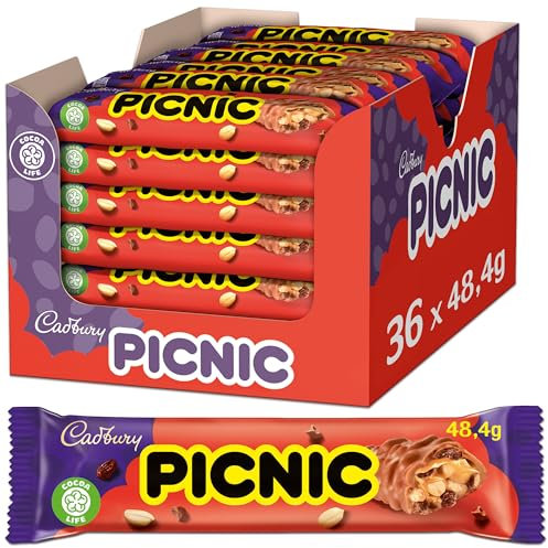 Cadbury PICNIC – Schokoladenriegel mit Erdnüssen Rosinen und Karamell in der Großpackung – 36 x 48,4g