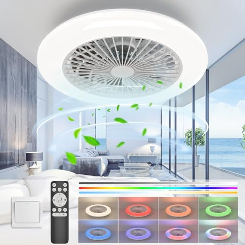 Epochglo Ventilador de Techo con Luz Silencioso 40W, Ventiladors de Techo 4200LM RGB 3000K-6500K sin Aspas, DC 20W Lampara Ventilador Techo LED y Mando Modernos para bajo plafon Dormitorio 19.1 Inch