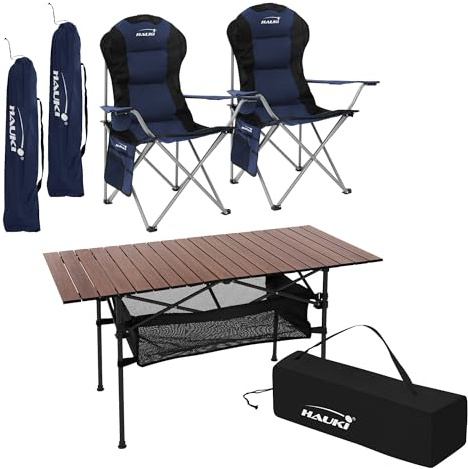 Hauki Campingmöbel Set 3tlg. Campingtisch faltbar Braun mit 2 Campingstühlen Blau, Camping-Set für 2 Person mit Tragetasche, Alu Klapptisch mit 2 Angelstuhl, Sitzgarnitur Sitzgruppe Gartenmöbel