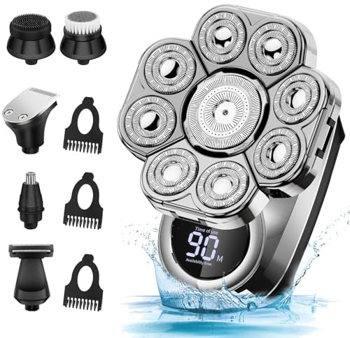 Rasoir Electriques Hommes Cheveux, 6 en 1 Rasoir Crane, Rasoir Tete Chauve Homme 9D flottant Étanche Humide Sèche, Rechargeable USB avec Écran LCD Tondeuse à nez et Tondeuse à Cheveux