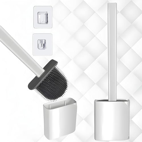 RLS Pack of 2 One piece Long Handled Flexible Flat Silicone anti-drip Toilet Brush with wall Holder with Gentle Pliable Bristles