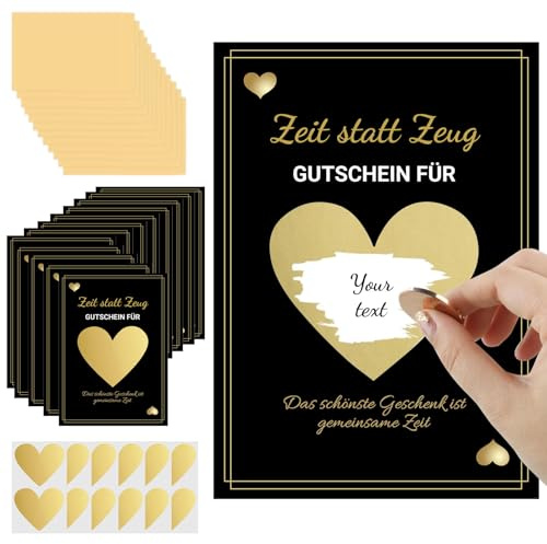 Bzzerumy 12er Set Gutschein Karten zum Selber Ausfüllen, Zeit Statt Zeug, Rubbelkarten mit Umschlägen, Geschenkidee für Gemeinsame Zeit, Schwarz-Gold Design
