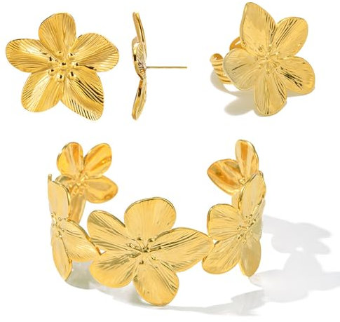 ZENGSING Gold Offener Armreif Damen Armreif Gold Blumen Ringe Ohrstecker Armband Schmuck Set Schmuckset für Damen und Mädchen Geschenke zum Muttertag Geburtstag Weihnachten (Blume1)