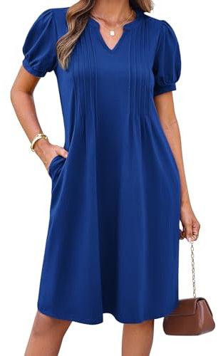 GRACE KARIN Casual Short Sleeves Henley V-Neck Ladies Summer Dress Elegant Cotton Knee-Length Pockets for Women UK Sapphire M