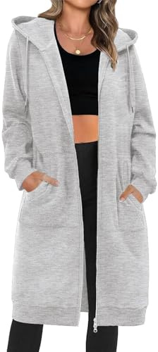 Tuopuda Långa Luvtröjor Kvinnor Dragkedja Hoodie Jacka Fleece Hoodie Tröja Dam Tjock Lång Klassisk Hoodie Tröja Ärm Sweatshirt Tröja, Ljusgrå, XL