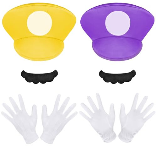 Aomig Cosplay Kostüm Zubehör Mütze 6Pcs Faschingkostüme Hüte mit Schnurrbärte Handschuhe Super-Brüder Kostüm Hut Cap Karneval Halloween Rollenspiel Faschingkostüm für KinderJunge Mädchen (Lila, Gelb)