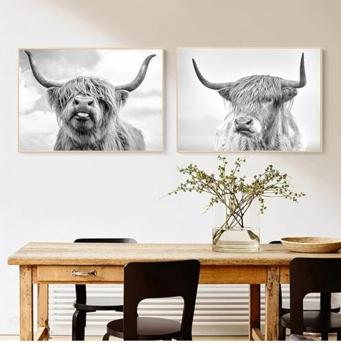 RDRDtbtr Schwarz-weißes Yak-Leinwandgemälde Poster und Kunstdrucke Highland-Tiere Leinwand-Wand Bilder Bild für Wohnzimmer Heimdekoration 50 x 70 cm x 2 ungerahmt