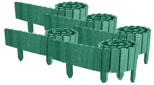 Floranica 10 m Beeteinfassung Flexibler Holzzaun 5 St. 2 m x 10 cm Grün Steckzaun aus Kiefernholz Rasenkante Teichzaun Rollboard 5 tlg Erweiterbares Zaunset für Garten