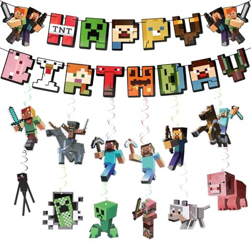 Pixel Geburtstagsdeko Jungen, Pixel Geburtstag Banner, Miner Game Luftschlangen Hängende Wirbel, Geburtstag Deko Spiel Geburtstags Partyzubehör für Fans Kinder Jungen