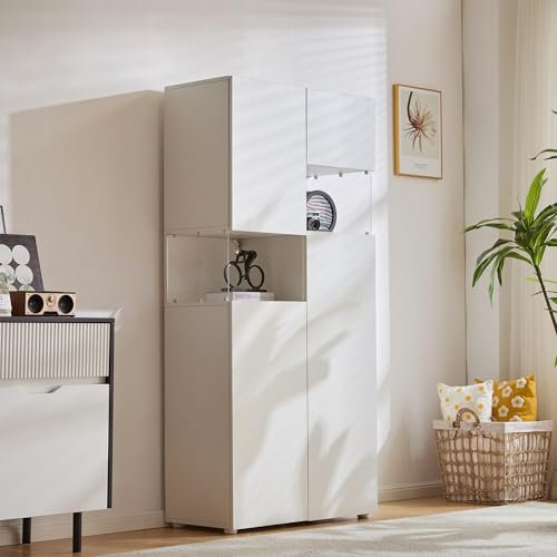 Huayz Sideboard, Vitrine mit LED-Beleuchtung, Hochschrank mit transparentes Acryl, weiß, Standvitrinen, Mehrzweckschrank für Wohnzimmer Büro Küche, offene Lagerung, 80x38x170cm