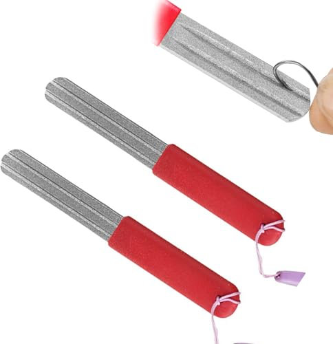 AONAYO 2 Stück Dart Schleifstein,Dart Spitzer,Dart Schärfer,Fischhakenschärfer,Schärfer,Hakenschärfer,Tragbares Doppelseitig Hakenschärfer Schleifstein Mit Griff Und Hängende Für Outdoor Angeln (Rot)