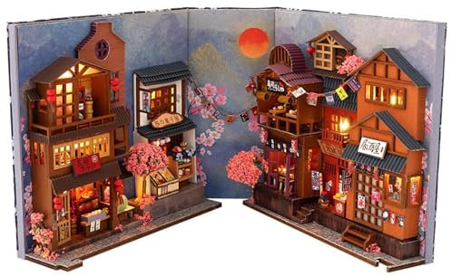 Nook Book Nook Kit – Japanisches Straßenmodell, 3D-Miniaturhaus | Einsatz und Tischdekorationen, Bastelset aus Holz für Erwachsene und Jugendliche, handgefertigte Buchecke Szene für ca