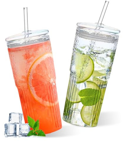 2pcs Vidrio Con Tapa Y Paja 600ml Vidrio Lata, Té De Bubble Con Paja Tazas De Agua Vasos De Batido Vaso Bubble Tea Para Café Ensalado, Jugo, Batido, Té Transparente