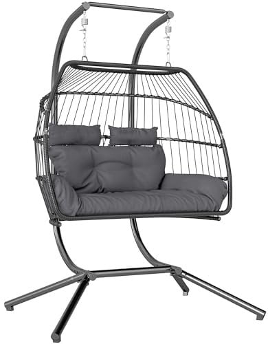 Outsunny Silla Colgante con Estructura Cesta Colgante Plegable con Cojín Polyrattan Columpio Ergonómico para 2 Personas Silla Colgante de Exterior Cargable hasta 260kg Sillón para Balcón Terraza Gris