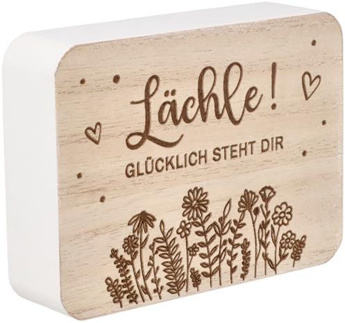 Spruchreif | Deko-Tafel Lächle! Glücklich Steht dir. | MDF-Holzschild für Zuhause | Kleine Tisch-Deko mit positiver Botschaft | 10 x 7,5 x 2,5 cm | Spruch-Schild zum Aufstellen
