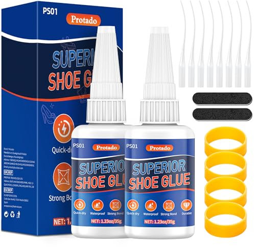 Protado Shoe Glue 35g, Clear Super Glue for Shoe Repair with Anti-Clog Cap, Quick Dry Waterproof Professional Grade Adhesive for Rubber Soles Heels Leather Sneakers Boots Sandals and More, 2 Packs