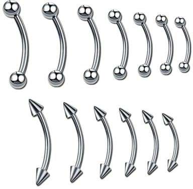 13 Pcs Eyebrow Piercing, Eyebrow Piercing Jewellery, Eyebrow Jewellery - Hypoallergenic Steel Body Jewellery Set with Curved Barbell for Belly Lip, 6-14mm Stainless Steel Set (Piercing Starter Kit)