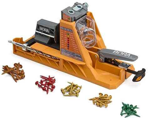BORA Automatic Pocket Hole Jig with 50 Color-Coated Screws, Auto Adjusting Drill Guide, Pocket Hole Jig Kit for Woodworking - for Materials 1/2 inch to 1 1/2 inch Thick, BR-A170201 | Drills Hidden Angled Screw Holes for Strong Joints – Auto-Adjust Guide & Screws for Cabinets & Furniture DIY
