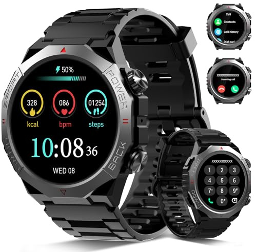 Qecnato Militär Smartwatch Herren Damen, 1.39''HD Display Fitnessuhr für Outdoor, Herzfrequenz, Schlafmonitor, 110+ Sportmodi, IP68 Wasserdicht Sportuhr, 30 Tage Akkulaufzeit, Kohlschwarz
