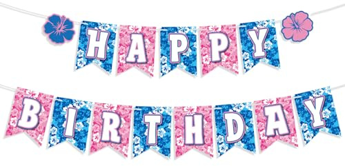 Rosa Blaues Hibiskus Banner Happy Birthday, Vorgespanntes Papier Fischschwanz Flaggen Cartoon Banner Sommer Hawaii Mottoparty Babyparty Geburtstagsparty Dekoration