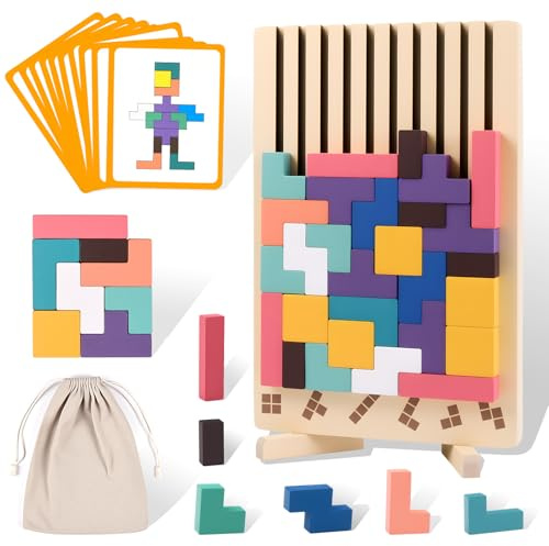 Havnidy Holzpuzzle, Montessori Lernspielzeug 3 4 5 6 Jahre, Holz Stapelpuzzle Spielzeug mit 10 Karten, 3D Bunt Blöcke Stapelspiel mit Halterung,Wooden Stacking Puzzle Toy