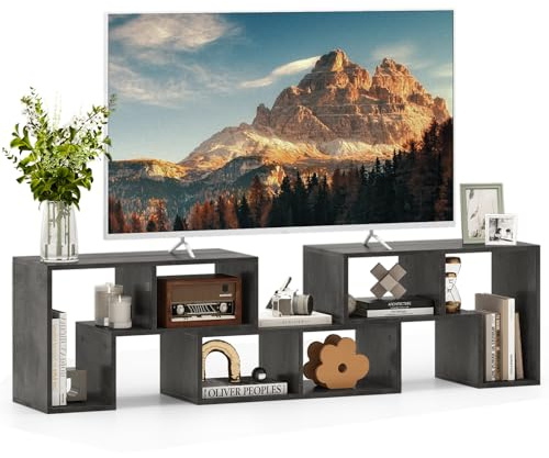 GYMAX Mueble TV Salón Combinable con 2 Piezas, para Televisión hasta 50 Pulgadas, Mueble de Salon TV con Estantes Abiertos para Dormitorio (Gris,(134-170) x 30 x 43 cm)