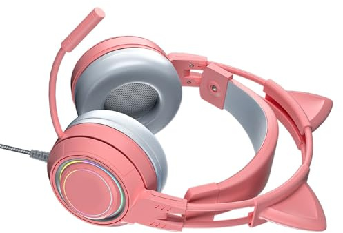 Xiuganpo Wired Over-Ear Cat Ear Headphones, Cute Removable Gaming Headphones for Girls, All Wrapped (Pink)