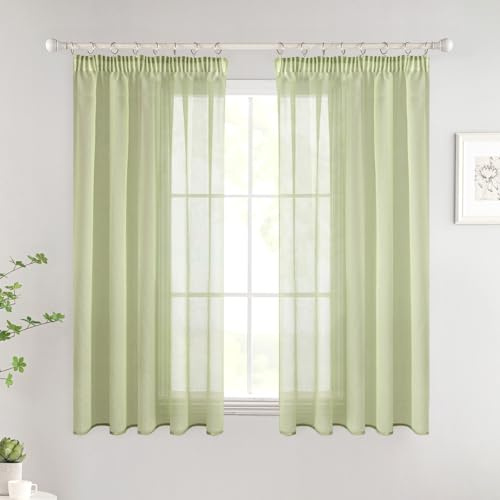 Woaboy Gardinen mit Kräuselband Kurz Fenster Voile Vorhänge Wohnzimmer Transparent Sheer Curtains Stores Gardine Schlafzimmer Modern Schlaufengardinen 2er Set 140x122cm (BxH) Grün