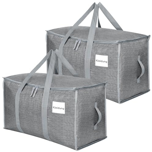 Dntorx 2 Stück 90L Aufbewahrungstasche mit Deckel, Heavy-Duty Tasche, Grau | Wasserdicht PP Umzugskartons, 68 KG Tragkraft, Verstärkten Griffen, Etikettentasche, Faltbare für Umzug, Hochschule, Reisen