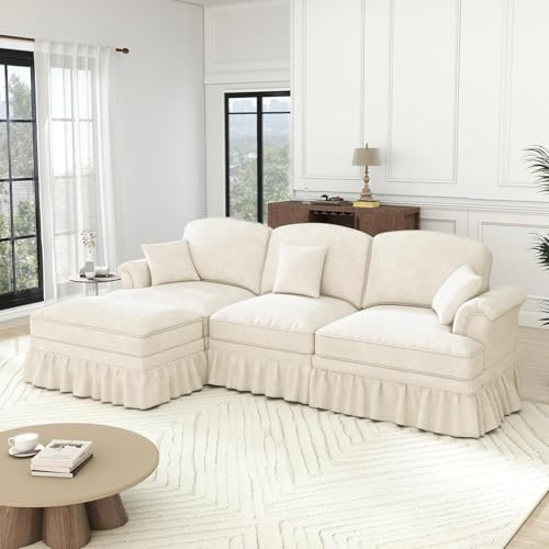 SHAIRMB Wohnlandschaft U Form, Modulares 4 Sitzer Sofa, mit 2 Ottomane, Trichter-Armlehnen, Abnehmbarer Rüschenschürze & Beweglichem Hocker, Chennille-Stoff, fürs Wohnzimmer,Weiß,3 Seats+1 Ottoman