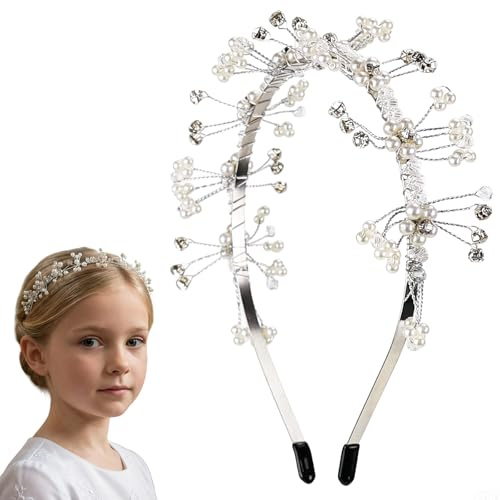 Haarschmuck Kommunion Mädchen, Haarreifen Mädchens Mit Perlen Und Kristallen, Erstkommunion Haarschmuck Mädchen, Silbernes Blumen Braut Haarschmucks Blumenmädchen Bei Hochzeiten (Haarband)